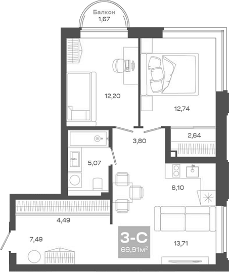 Планировка 3е-к.кв 68.24 м² в ЖК «Пульсар»