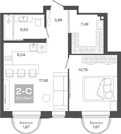Планировка 2е-к.кв 55.75 м² в ЖК «Пульсар»