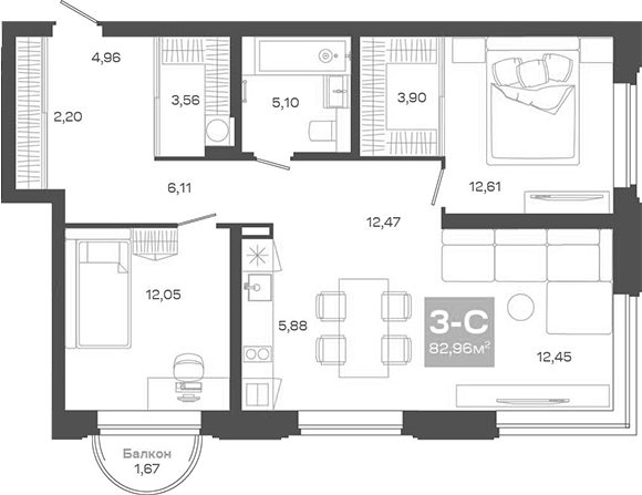 Планировка 3е-к.кв 81.29 м² в ЖК «Пульсар»