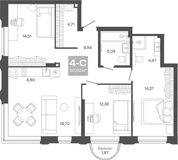 Планировка 4е-к.кв 90.95 м² в ЖК «Пульсар»
