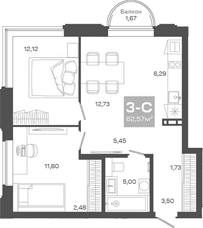 Планировка 3е-к.кв 60.90 м² в ЖК «Пульсар»