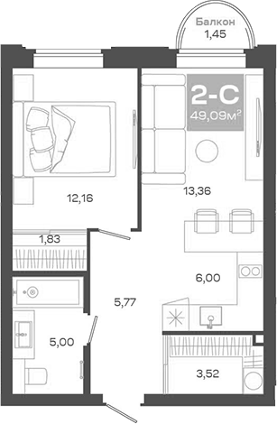 Планировка 2е-к.кв 47.64 м² в ЖК «Пульсар»