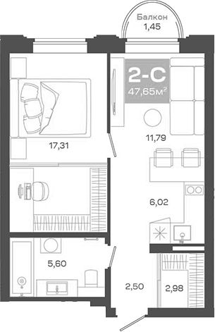 Планировка 2е-к.кв 46.20 м² в ЖК «Пульсар»
