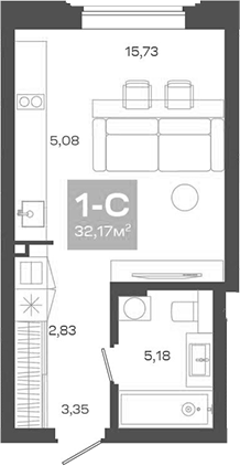 Планировка студии 32.17 м² в ЖК «Пульсар»
