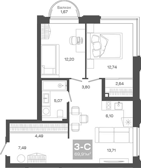 Планировка 3е-к.кв 68.24 м² в ЖК «Пульсар»