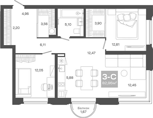Планировка 3е-к.кв 81.29 м² в ЖК «Пульсар»