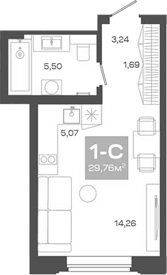 Планировка студии 29.76 м² в ЖК «Пульсар»