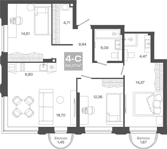 Планировка 4е-к.кв 90.95 м² в ЖК «Пульсар»