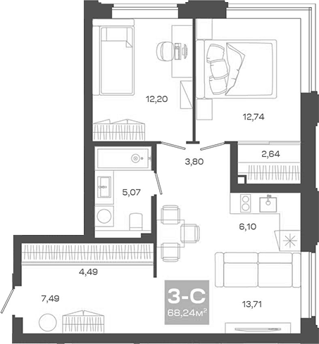 Планировка 3е-к.кв 68.24 м² в ЖК «Пульсар»