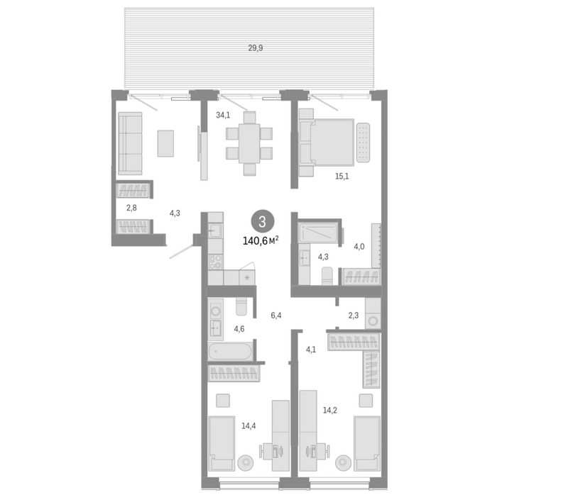 Планировка 3-к.кв 110.70 м² в ЖК «Европейский берег»