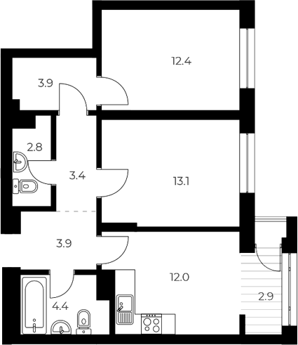 Планировка 2-к.кв 55.90 м² в ЖК «ОСКАР»