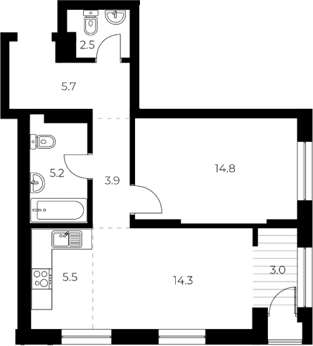 Планировка 2е-к.кв 51.90 м² в ЖК «ОСКАР»