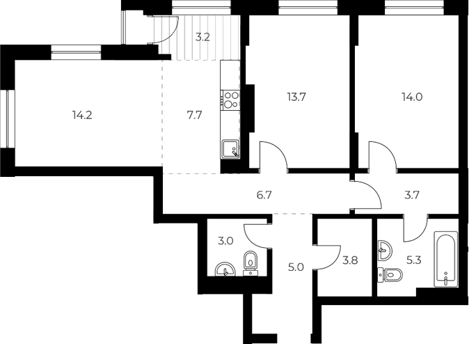 Планировка 3е-к.кв 77.10 м² в ЖК «ОСКАР»