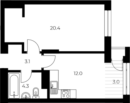 Планировка 1-к.кв 39.80 м² в ЖК «ОСКАР»