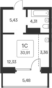 Планировка студии 25.43 м² в ЖК «Сакура парк»