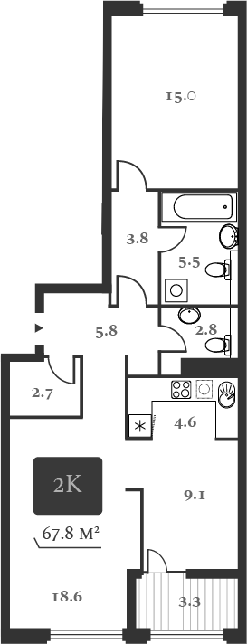 Планировка 2-к.кв 69.55 м² в ЖК «Нобель»