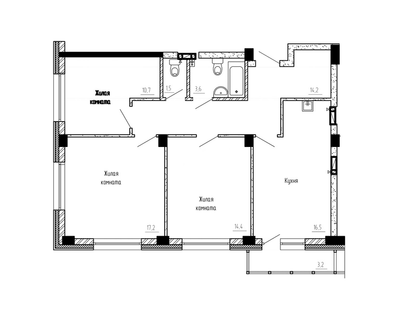 Планировка 3-к.кв 80.03 м² в ЖК «RED FOX»