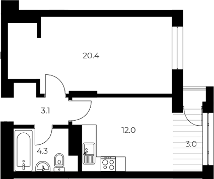 Планировка 1-к. квартира 39.80 м² в ЖК «ОСКАР»