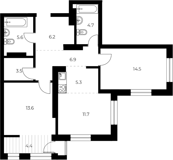 Планировка 3е-к.кв 72.00 м² в ЖК «ОСКАР»