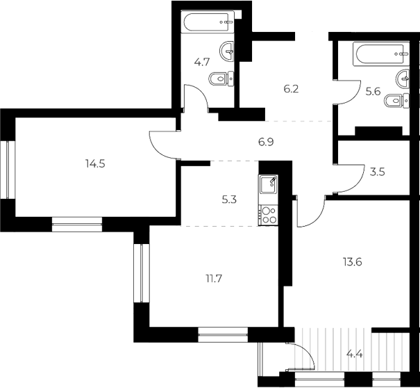 Планировка 3е-к.кв 72.00 м² в ЖК «ОСКАР»