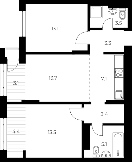 Планировка 3е-к.кв 62.70 м² в ЖК «ОСКАР»