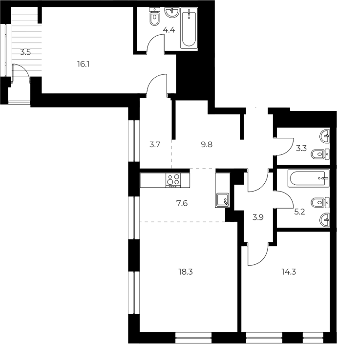 Планировка 3е-к.кв 86.60 м² в ЖК «ОСКАР»