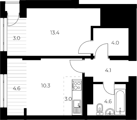 Планировка 2е-к.кв 39.40 м² в ЖК «ОСКАР»