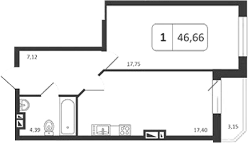 Планировка 1-к.кв 46.66 м² в ЖК «Астон. Шесть Звезд»
