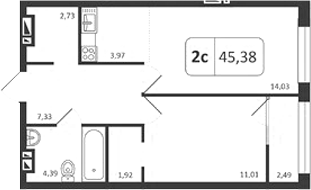 Планировка 2е-к.кв 45.38 м² в ЖК «Астон. Шесть Звезд»