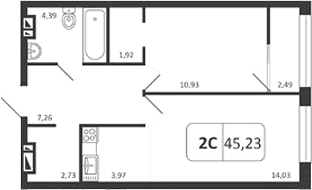 Планировка 2е-к.кв 45.23 м² в ЖК «Астон. Шесть Звезд»