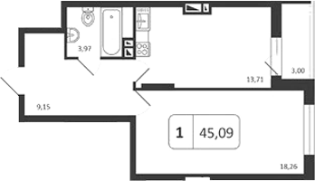 Планировка 1-к.кв 45.09 м² в ЖК «Астон. Шесть Звезд»