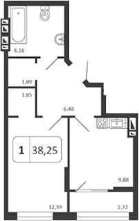 Планировка 1-к.кв 38.15 м² в ЖК «Астон. Шесть Звезд»