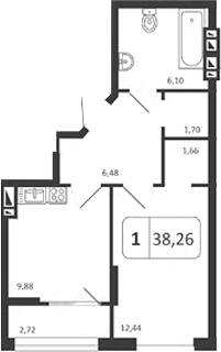 Планировка 1-к.кв 38.16 м² в ЖК «Астон. Шесть Звезд»