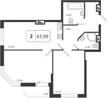 Планировка 2-к.кв 67.99 м² в ЖК «Астон. Шесть Звезд»