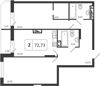 Планировка 2-к.кв 72.73 м² в ЖК «Астон. Шесть Звезд»