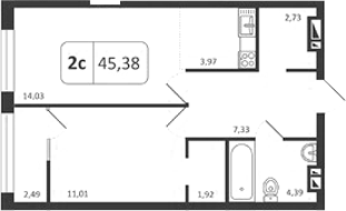 Планировка 2е-к.кв 45.38 м² в ЖК «Астон. Шесть Звезд»