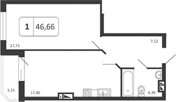 Планировка 1-к.кв 46.66 м² в ЖК «Астон. Шесть Звезд»