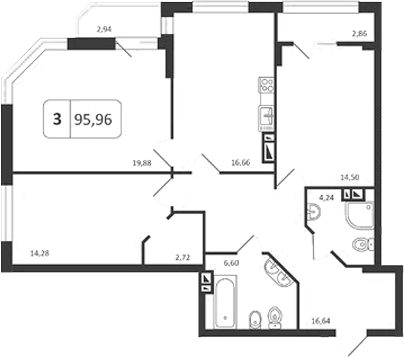 Планировка 3-к.кв 95.52 м² в ЖК «Астон. Шесть Звезд»