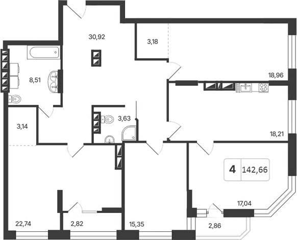 Планировка 4-к.кв 142.36 м² в ЖК «Астон. Шесть Звезд»