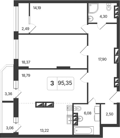 Планировка 3е-к.кв 96.46 м² в ЖК «Астон. Шесть Звезд»