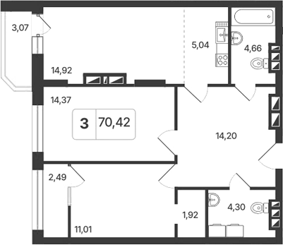 Планировка 3е-к.кв 71.96 м² в ЖК «Астон. Шесть Звезд»