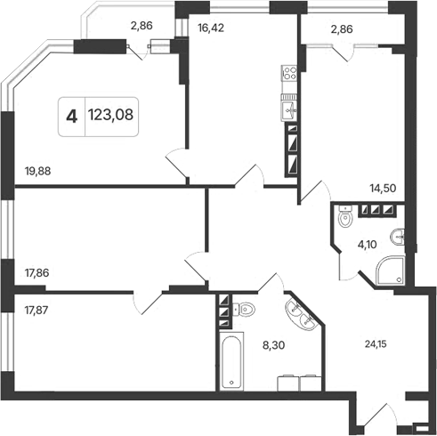 Планировка 4-к.кв 123.00 м² в ЖК «Астон. Шесть Звезд»