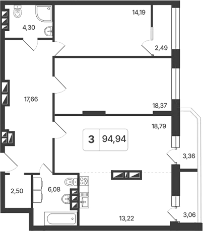 Планировка 3е-к.кв 96.18 м² в ЖК «Астон. Шесть Звезд»