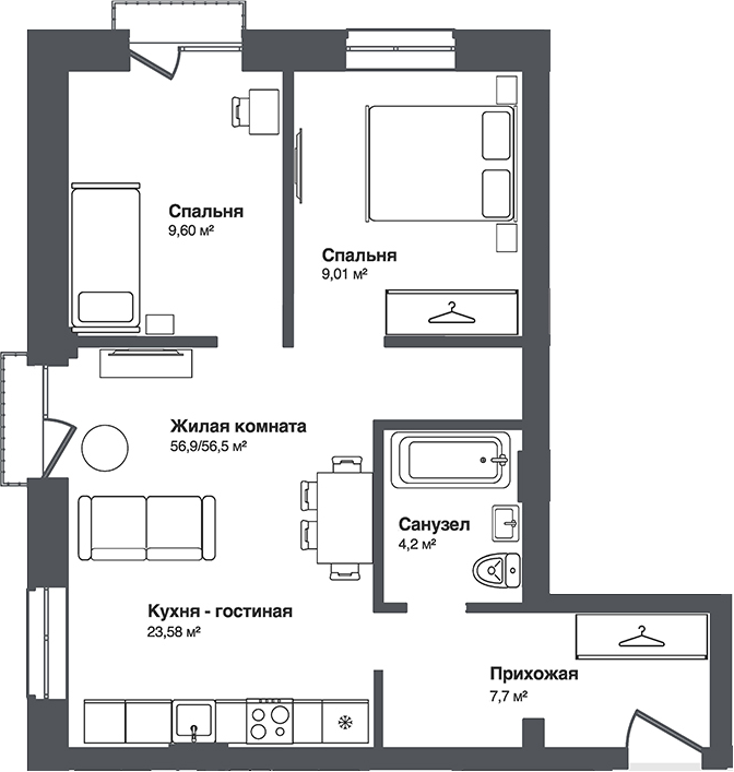 Планировка 3е-к.кв 56.50 м² в ЖК «Мечта»