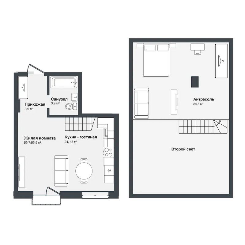 Планировка 2е-к.кв 55.50 м² в ЖК «Мечта»