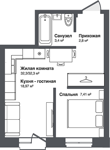 Планировка 2е-к.кв 32.30 м² в ЖК «Мечта»