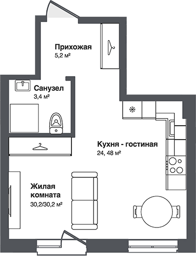 Планировка студии 30.20 м² в ЖК «Мечта»
