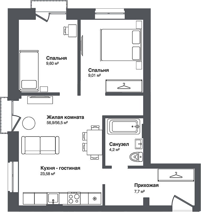 Планировка 3е-к.кв 56.50 м² в ЖК «Мечта»