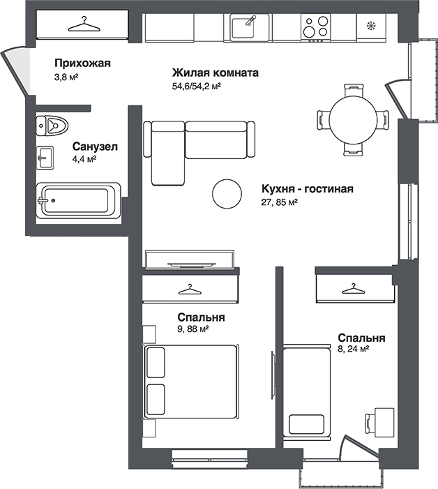 Планировка 3е-к.кв 54.20 м² в ЖК «Мечта»