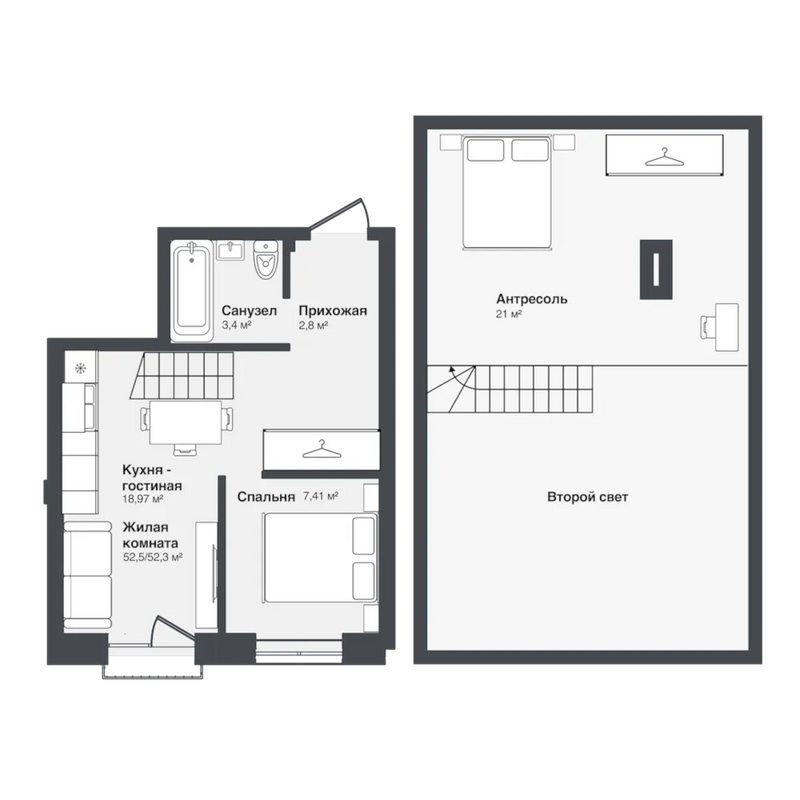 Планировка 2е-к.кв 52.30 м² в ЖК «Мечта»